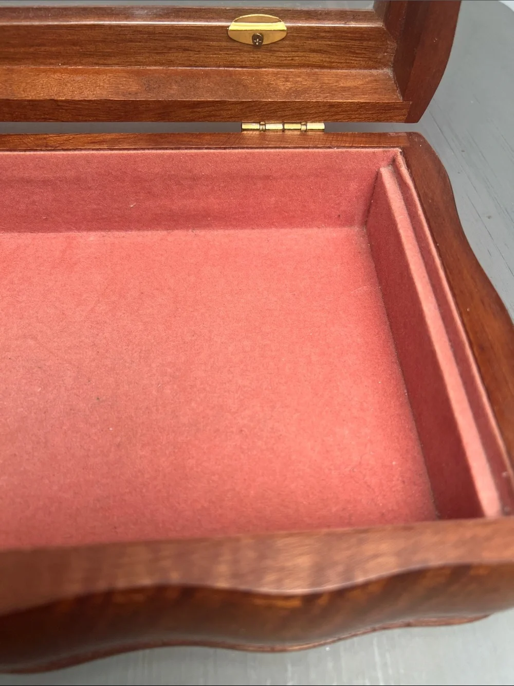 Vintage walnut etched glass jewelry/watch/treasure box. Beautiful curved lines.